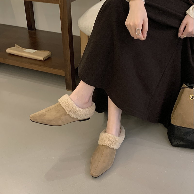 AL-T5-1秋冬新时尚百搭内增高尖头毛毛鞋女外穿一脚蹬穆勤鞋棉鞋