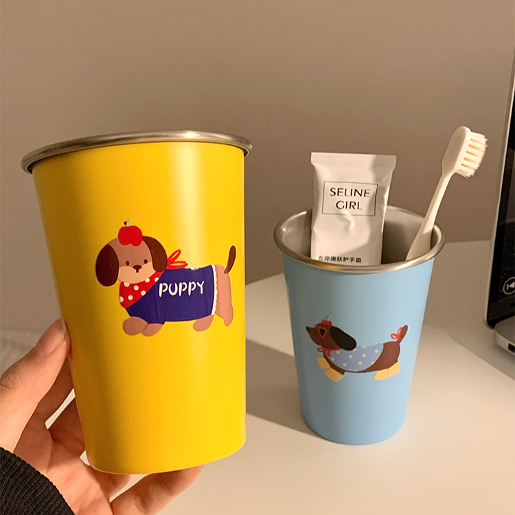 可爱腊肠狗漱口杯家用牙刷杯子洗漱杯情侣学生旅行不锈钢牙具牙杯
