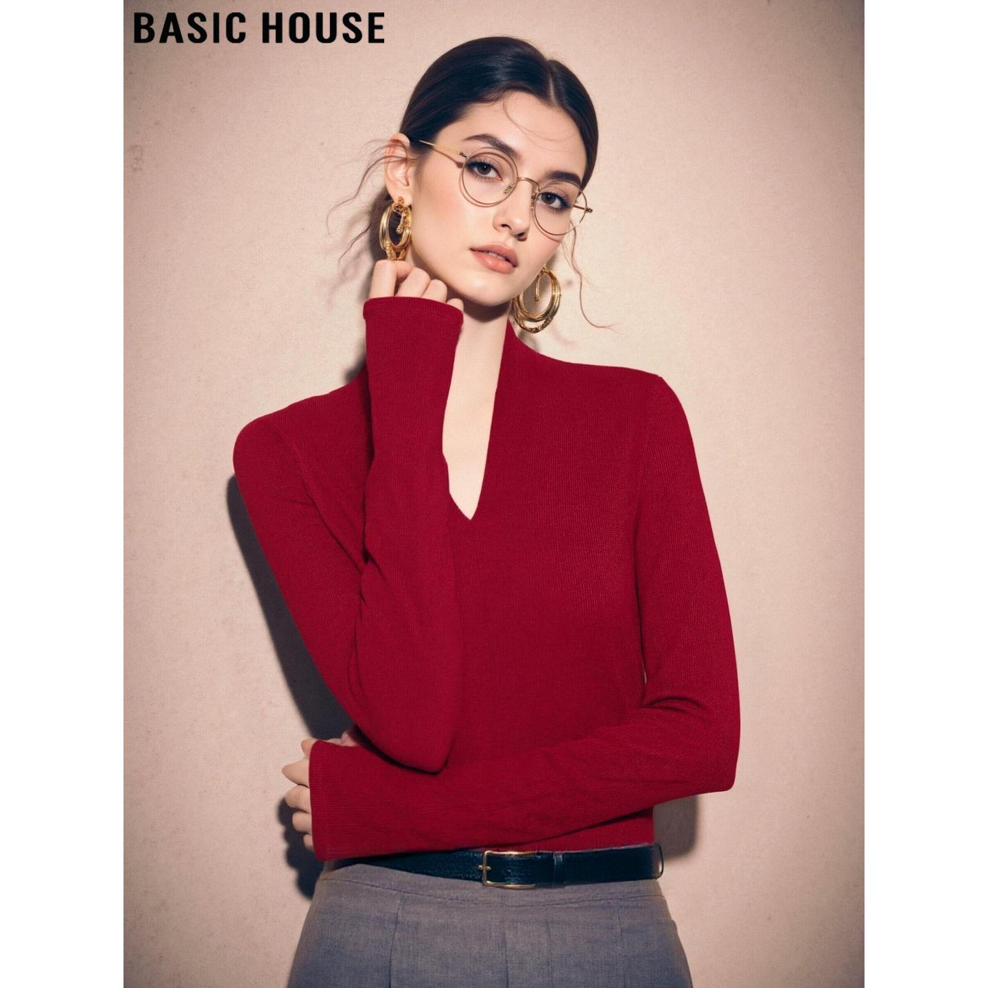 Basic House/百家好修身红色V领长袖T恤女士2025秋冬含羊毛打底衫