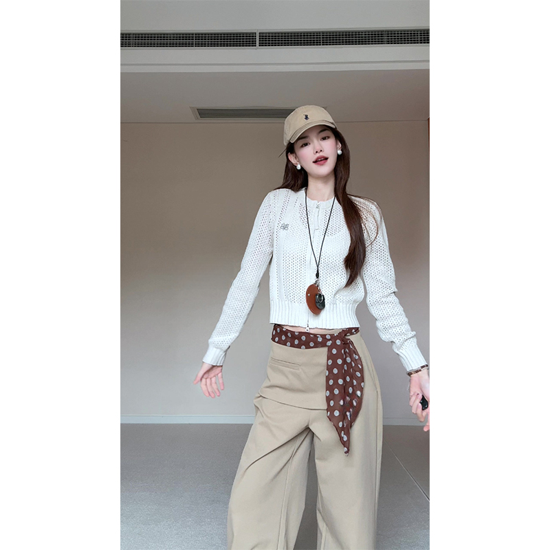【现货秒发】春秋圆领针织衫女独特别致开衫上衣高腰复古直筒阔腿裤