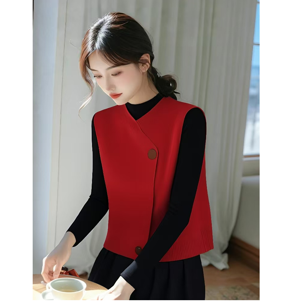 本命年新年衣服新中式红色盘扣针织马甲叠穿内搭高级感上衣女春季