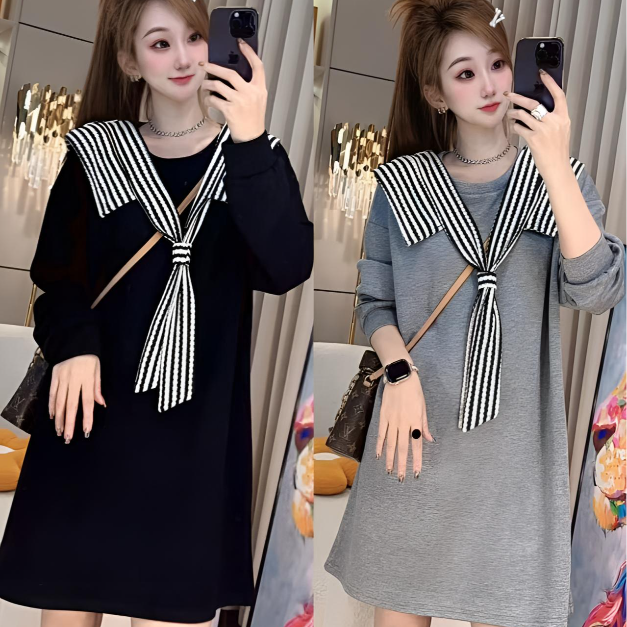 轻奢时尚舒适透气拼接飘带中长裙新款简约休闲修身显瘦圆领连衣裙