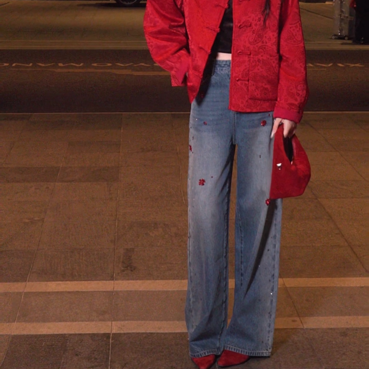 G. yantong/郭彦彤新年限定手工钉珠亮片牛仔裤高腰设计感KZ126