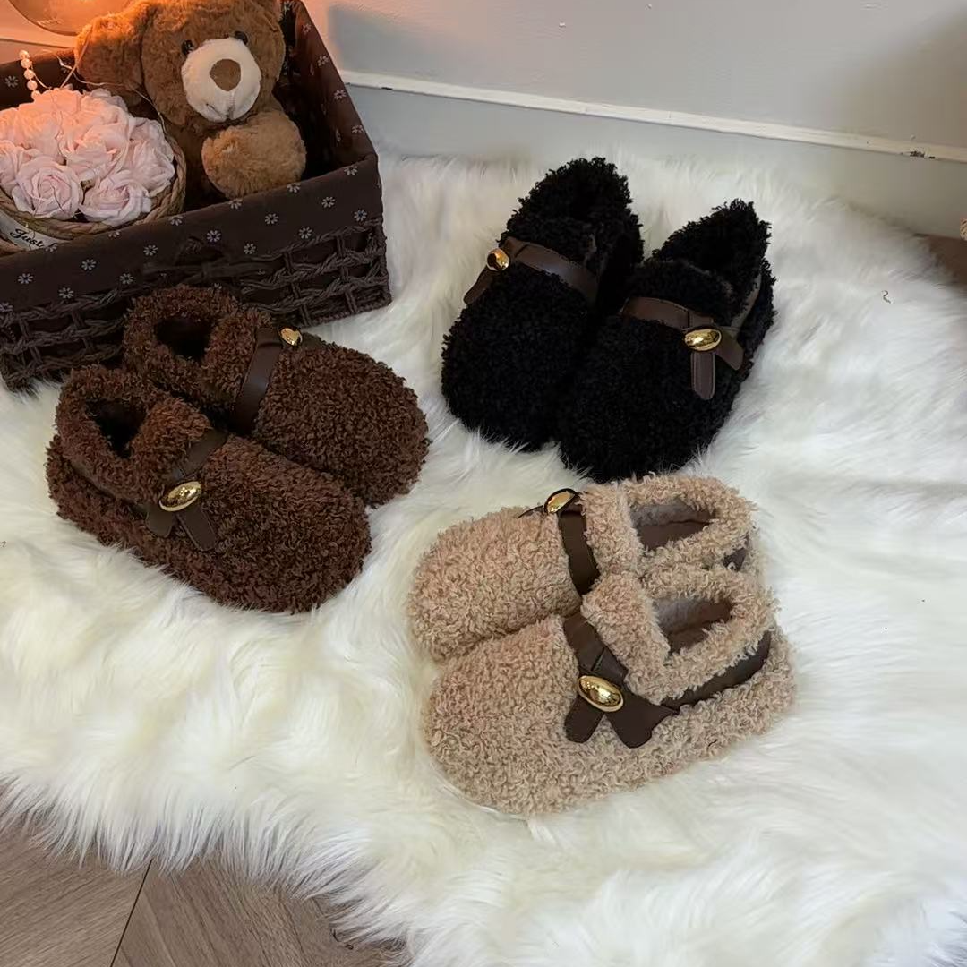 6CM厚底秋冬新款增高简约百搭皮带扣小金豆设计外穿女毛毛休闲鞋