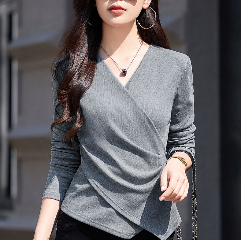 灰交叉V领打底衫女内搭秋季新款气质螺纹棉长袖T恤洋气小衫上衣服