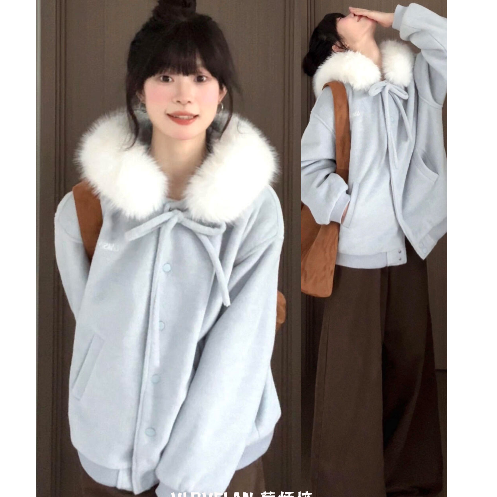 冬季2025新款短外套女学院风复古蓝色蝴蝶结大毛领连帽呢子卫衣潮