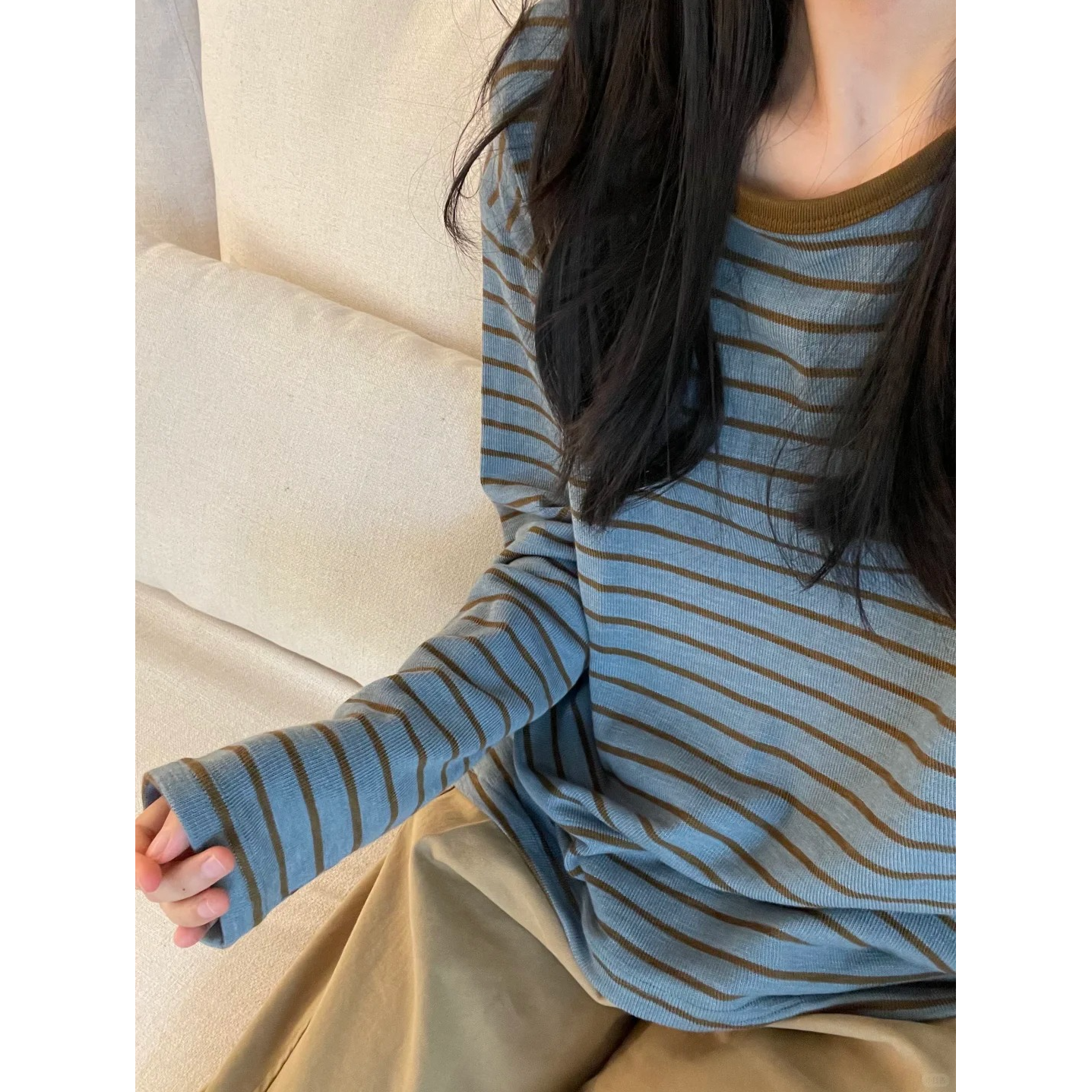 高级感条纹T恤打底衫女2025早秋新款氛围感穿搭韩系外穿内搭上衣