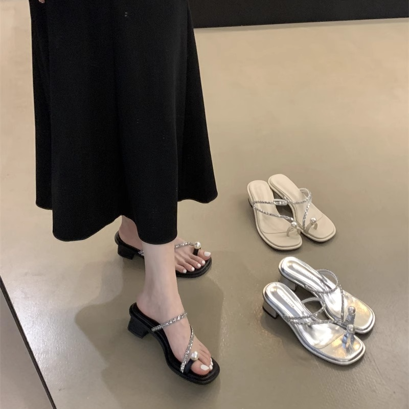 仙女风粗跟套趾珍珠凉拖鞋女夏季夏凉鞋女款拖鞋女鞋外穿气质百搭