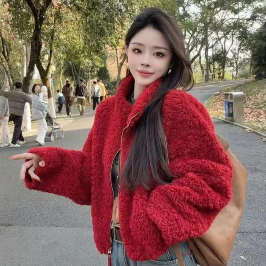 2025冬季新款巨好看时尚休闲宽松加厚棉服女皮毛一体仿羊羔绒外套