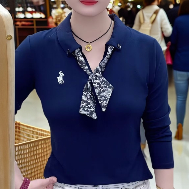 2025秋季新款韩版时尚百搭显瘦长袖T恤女围巾领设计小众洋气上衣