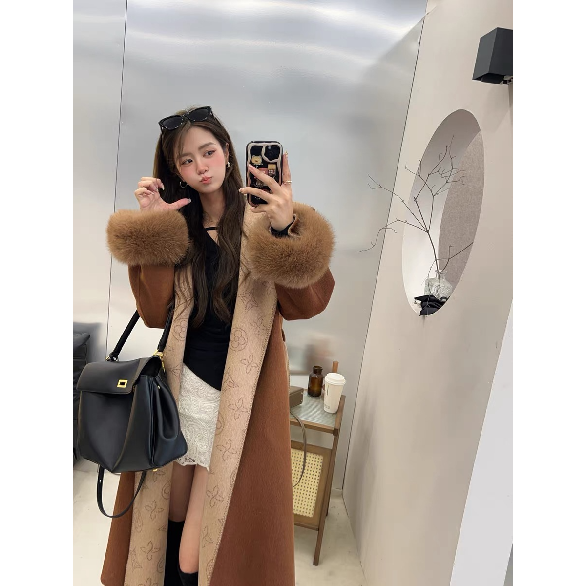 秋冬新款连帽印花羊毛双面双色呢子大衣中长款狐狸毛毛呢外套女