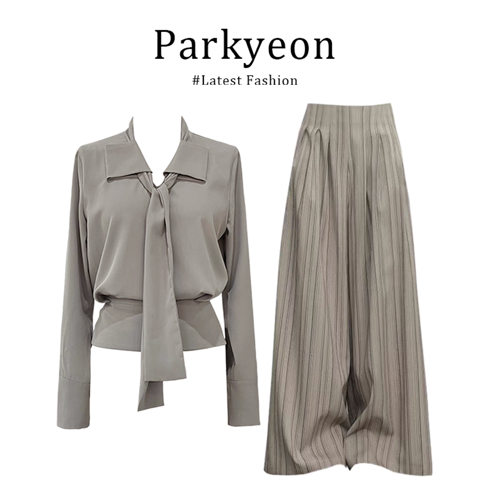 parkyeon法式复古早秋系带长袖衬衫轻职感褶皱条纹阔腿裤两件套装