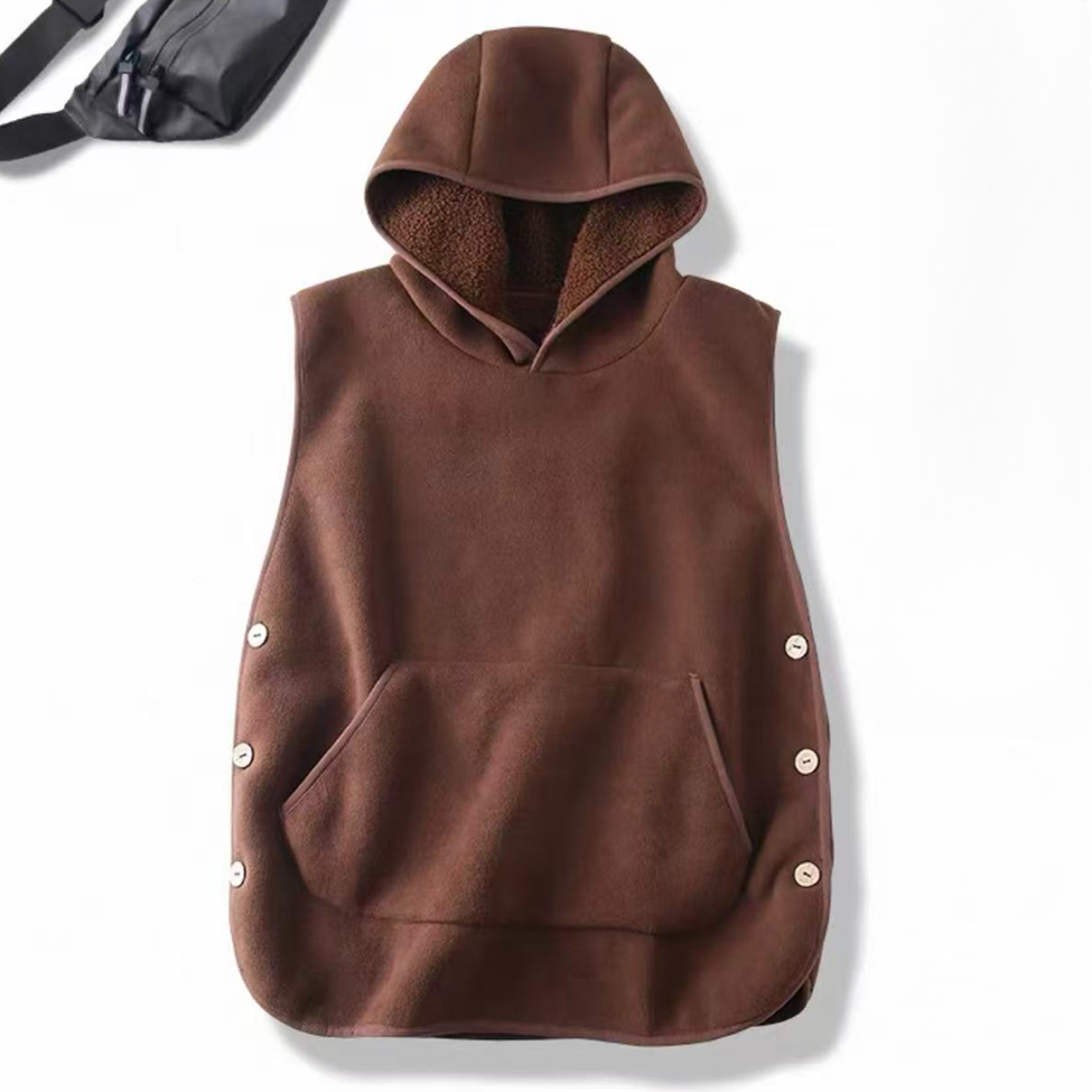 6921两侧纽扣开叉摇粒绒连帽加绒加厚背心马甲