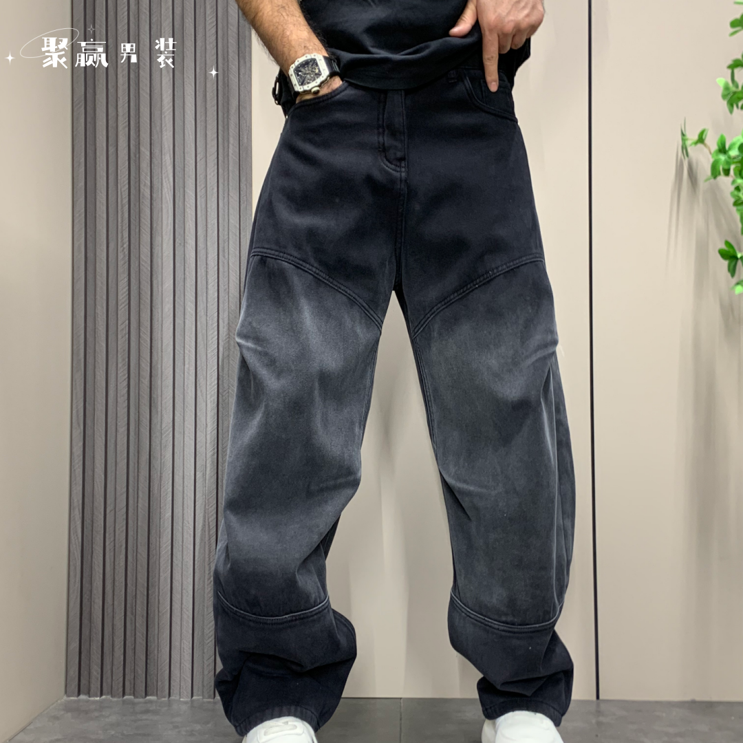 美式牛仔裤男士2025秋冬新款薄绒渐变脏脏直筒宽松潮牌高街牛仔裤