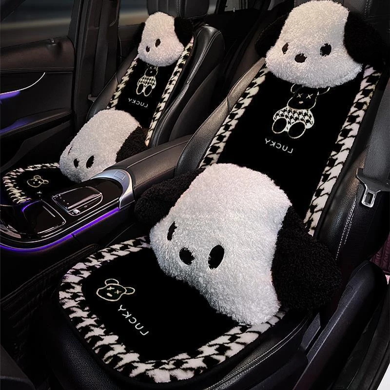 冬季加绒汽车坐垫毛绒垫子保暖千鸟格小熊卡通可爱通用座垫