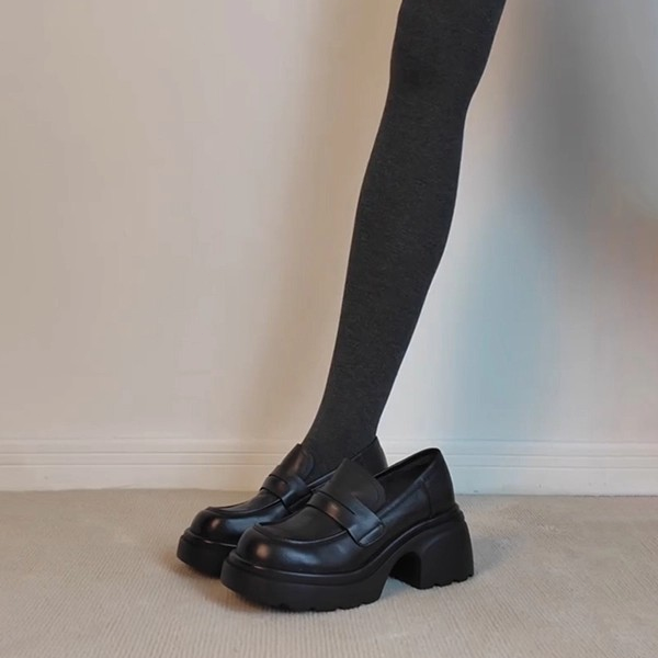 羊皮版~软皮厚底松糕一脚蹬乐福鞋女复古英伦黑色百搭小皮鞋单鞋