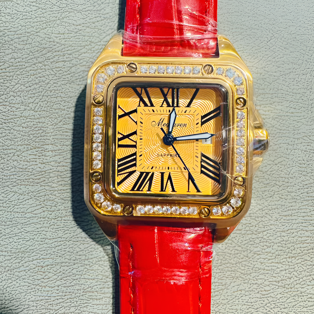 女士黄金腕表方形石英机芯镶钻防水黄金气质轻奢100%黄金手表