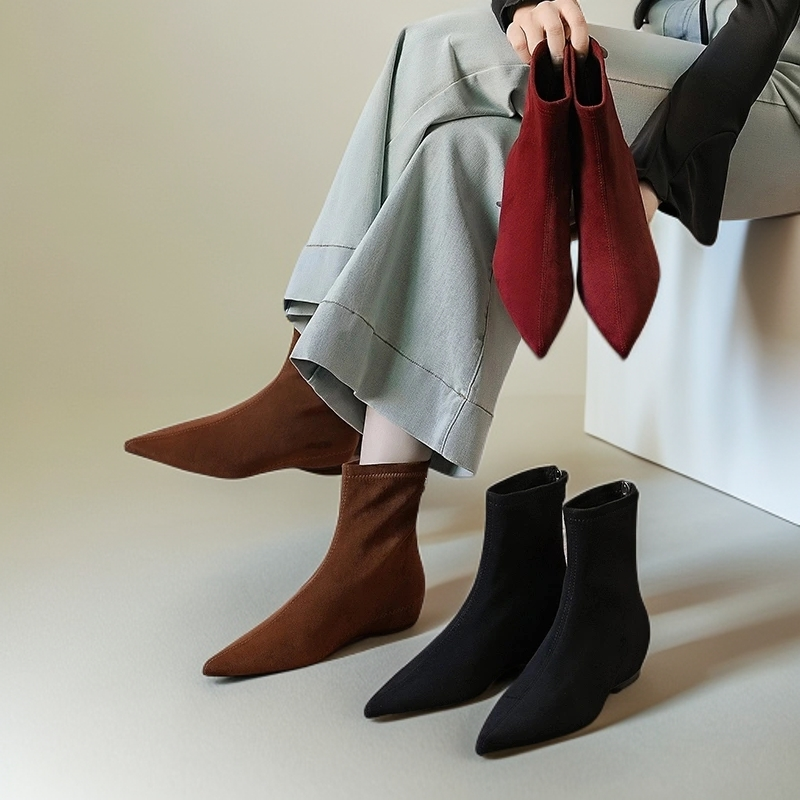 【三色绒面/皮面】内增高尖头韩版增高短靴粗跟真皮筒靴城市游牧风