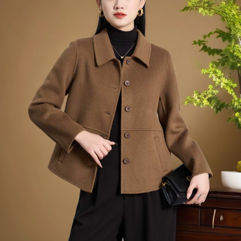 （100%绵羊毛）短款（8099）秋冬毛呢意式风女士毛呢大衣双面翻领