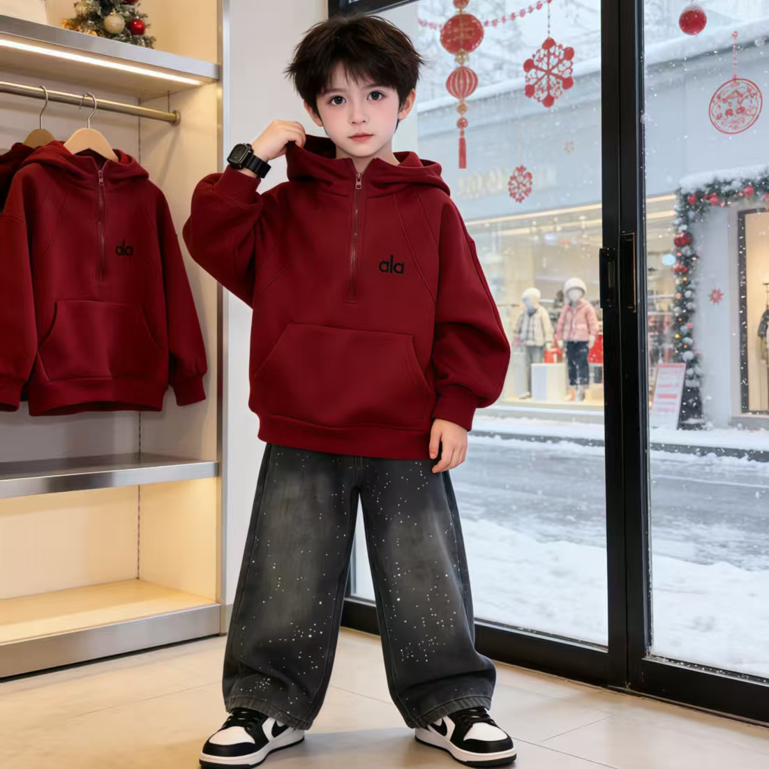 男童加绒红色卫衣冬季2026新款儿童中大童本命马年秋冬加厚新年服