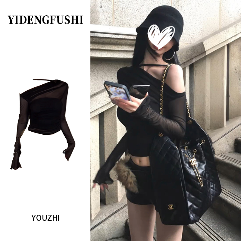 YIDENG纯欲辣妹性感黑色假两件网纱斜肩长袖T恤夏季小众显瘦上衣