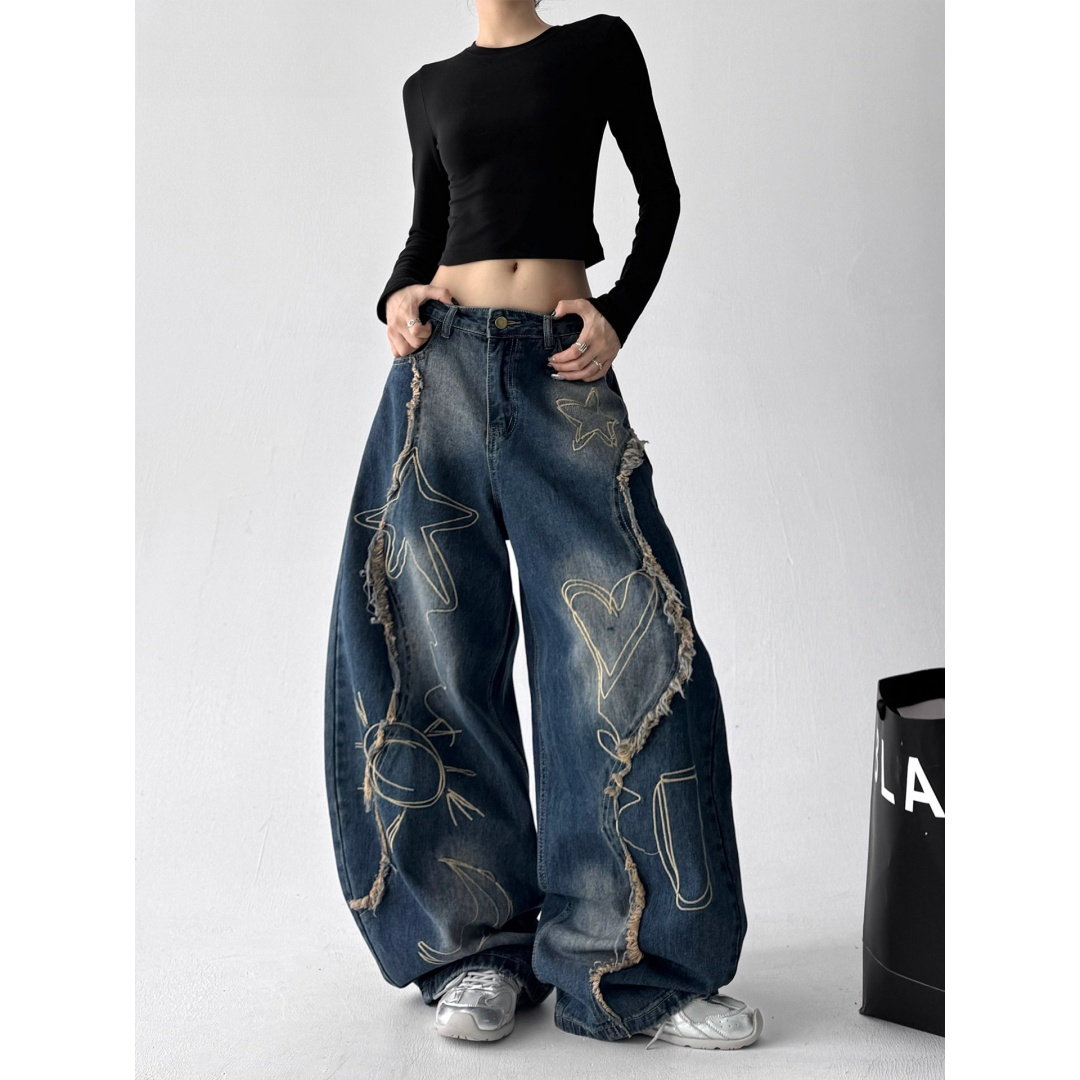 蓝色重工水洗做旧牛仔裤女2025秋季新款高腰显瘦直筒阔腿裤子潮