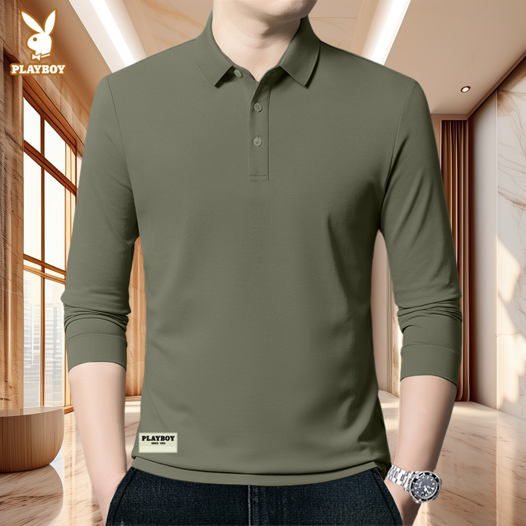PLAYBOY花花公子长袖POLO衫男士秋冬季打底衫商务休闲潮牌翻领T恤