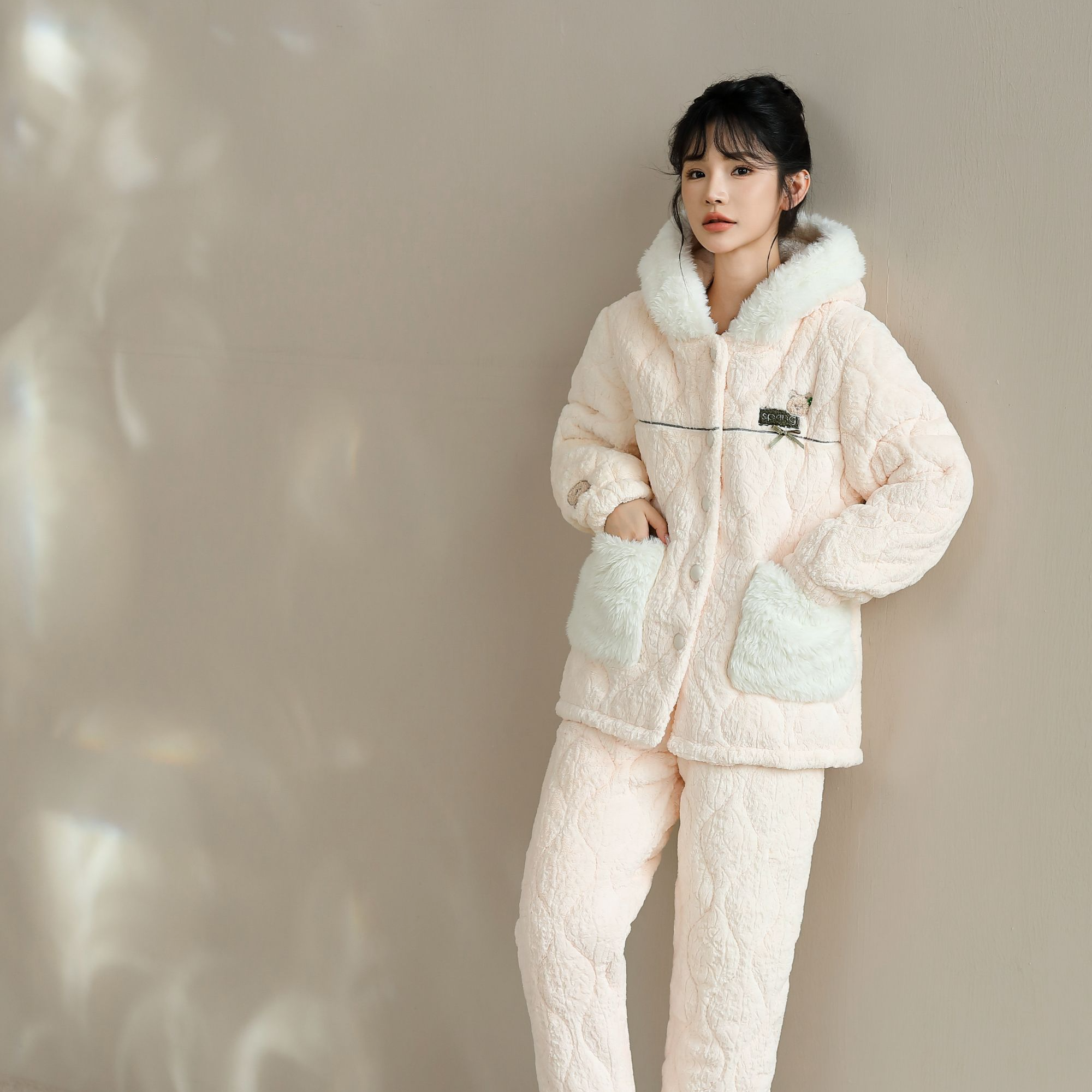 【波比鸟】三层夹棉加厚保暖防静电厚款睡衣加厚家居服套装长裤冬季