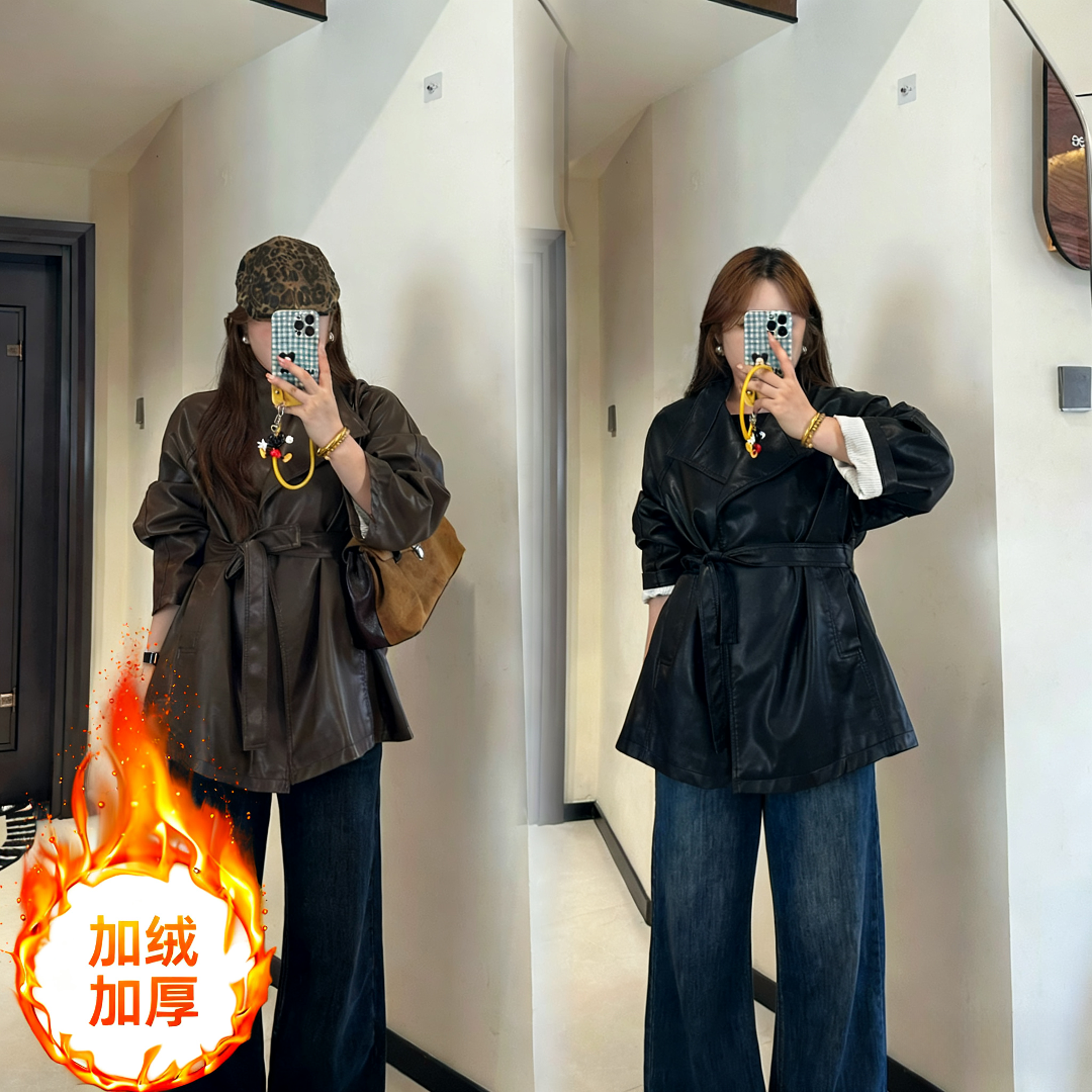 厚款秋季长袖水洗皮系带绑带皮衣网红上衣城市机能风6216加绒加厚