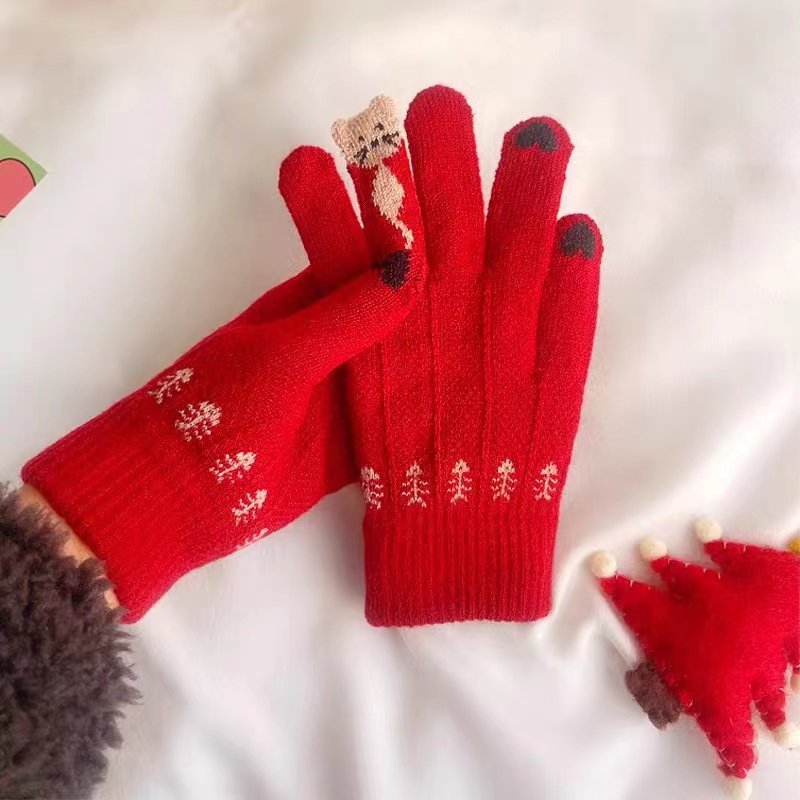 小猫爱吃鱼新年红手套气质个性针织手套喜庆手套保暖手套