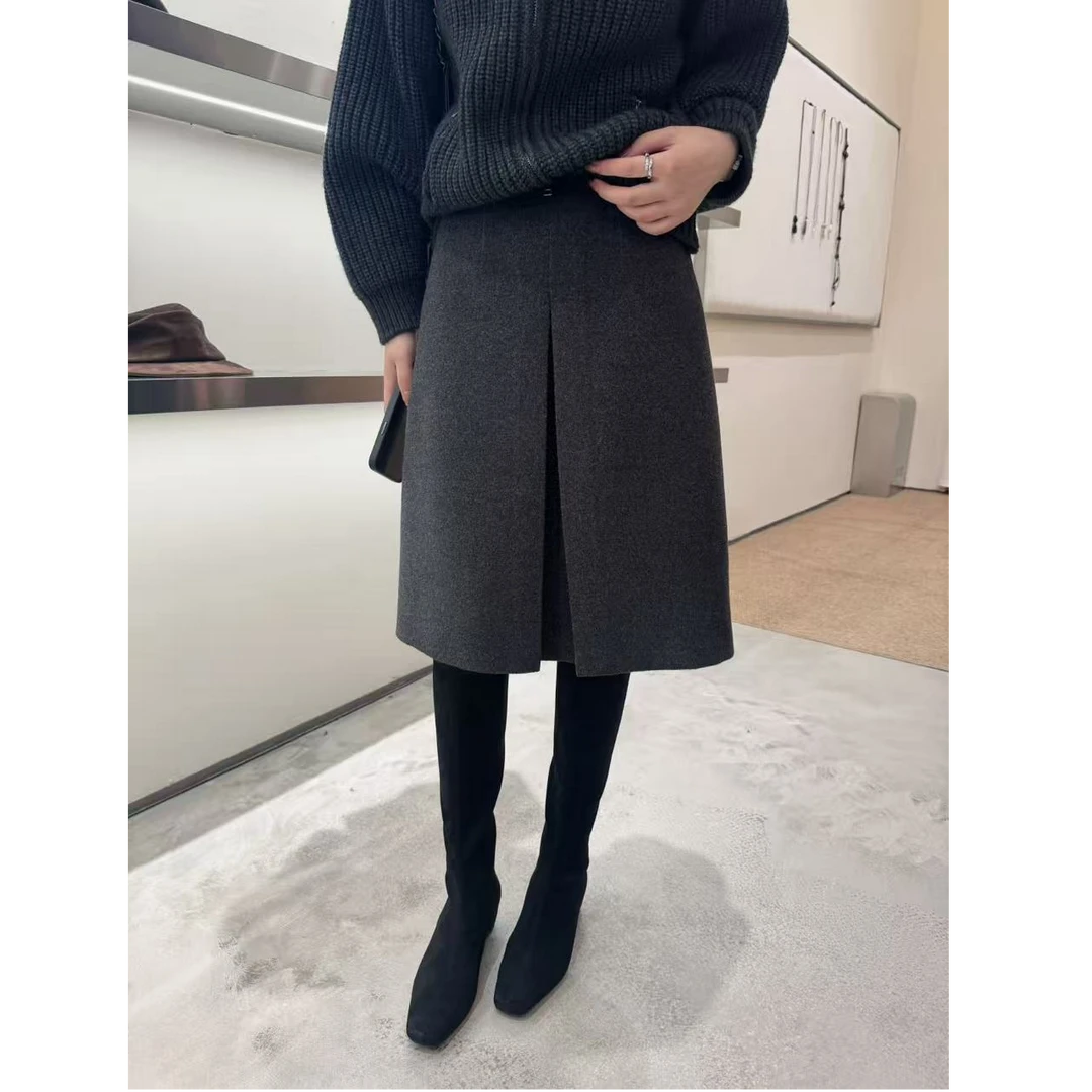 ~秀场直击～设计感高级开衩小A字版百搭显瘦毛呢中半身裙女冬