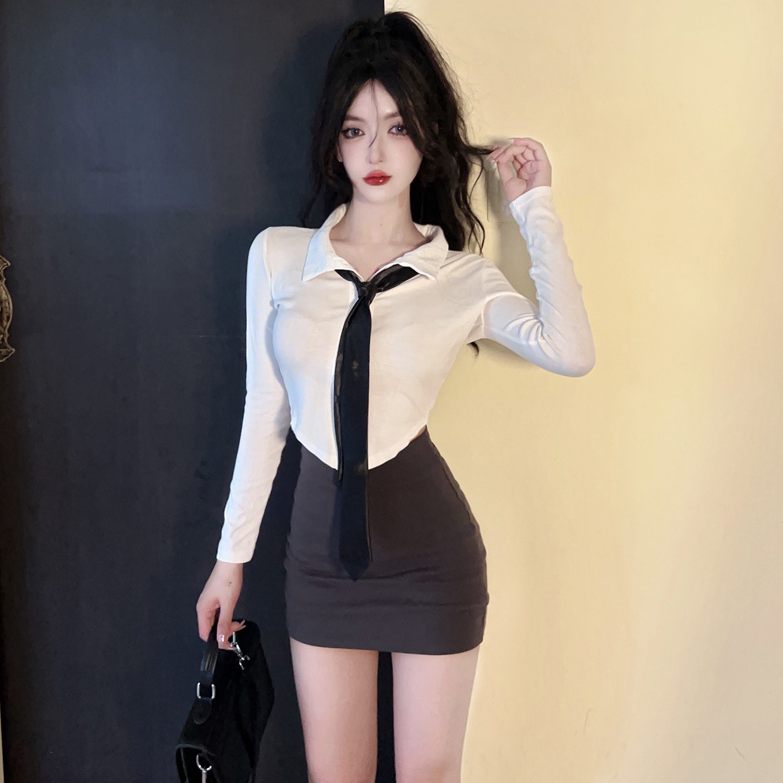 纯欲辣妹收腰白色衬衫女JK制服套装辣妹上衣长袖性感显胸衬衣秋季
