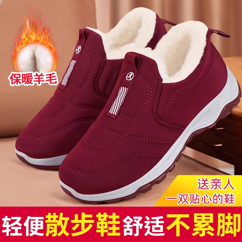 老北京布鞋女冬季2025新款一脚蹬防滑加绒加厚妈妈鞋保暖运动棉鞋