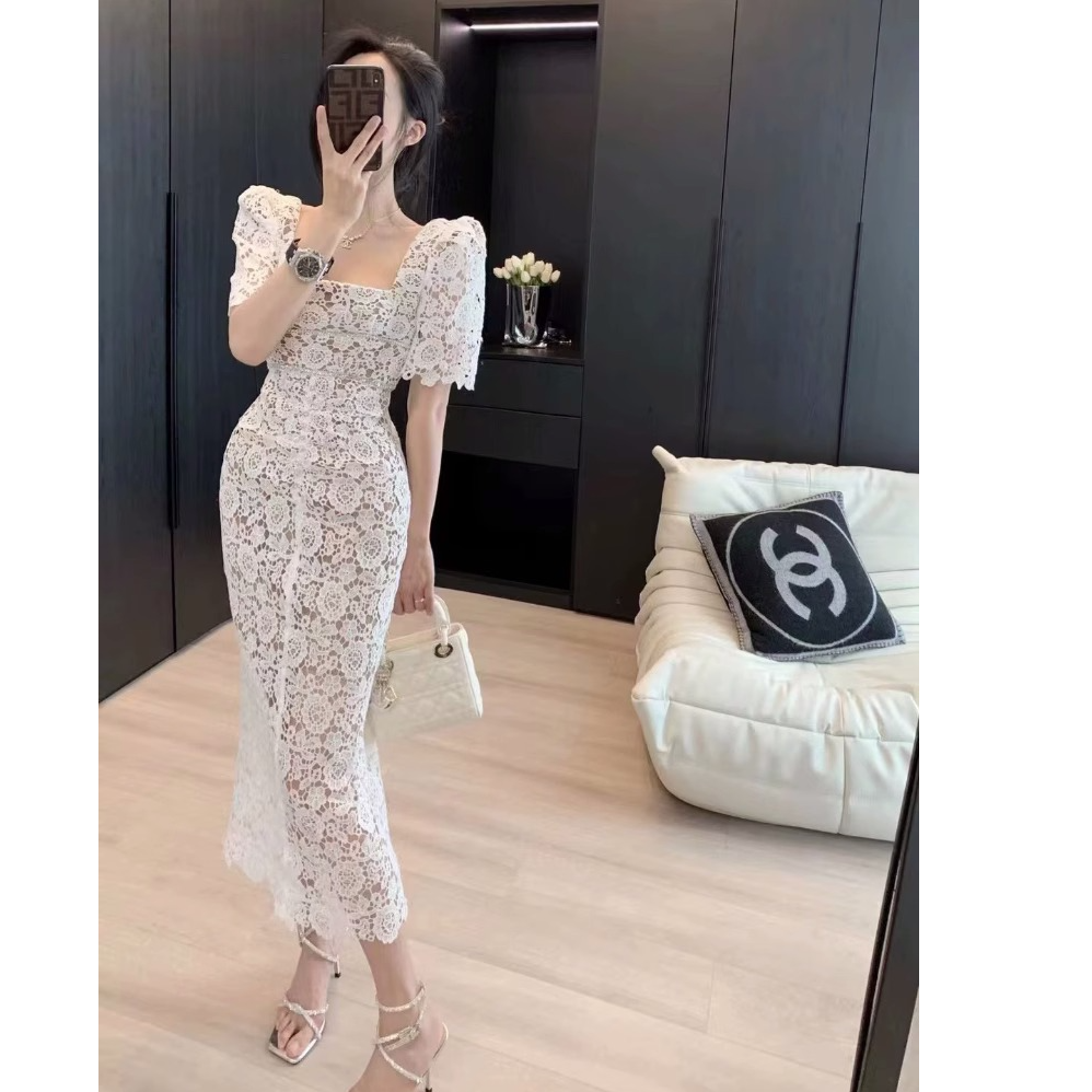 【现货】连衣裙女2025夏季新款高级感法式温柔气质高腰蕾丝包臀长裙