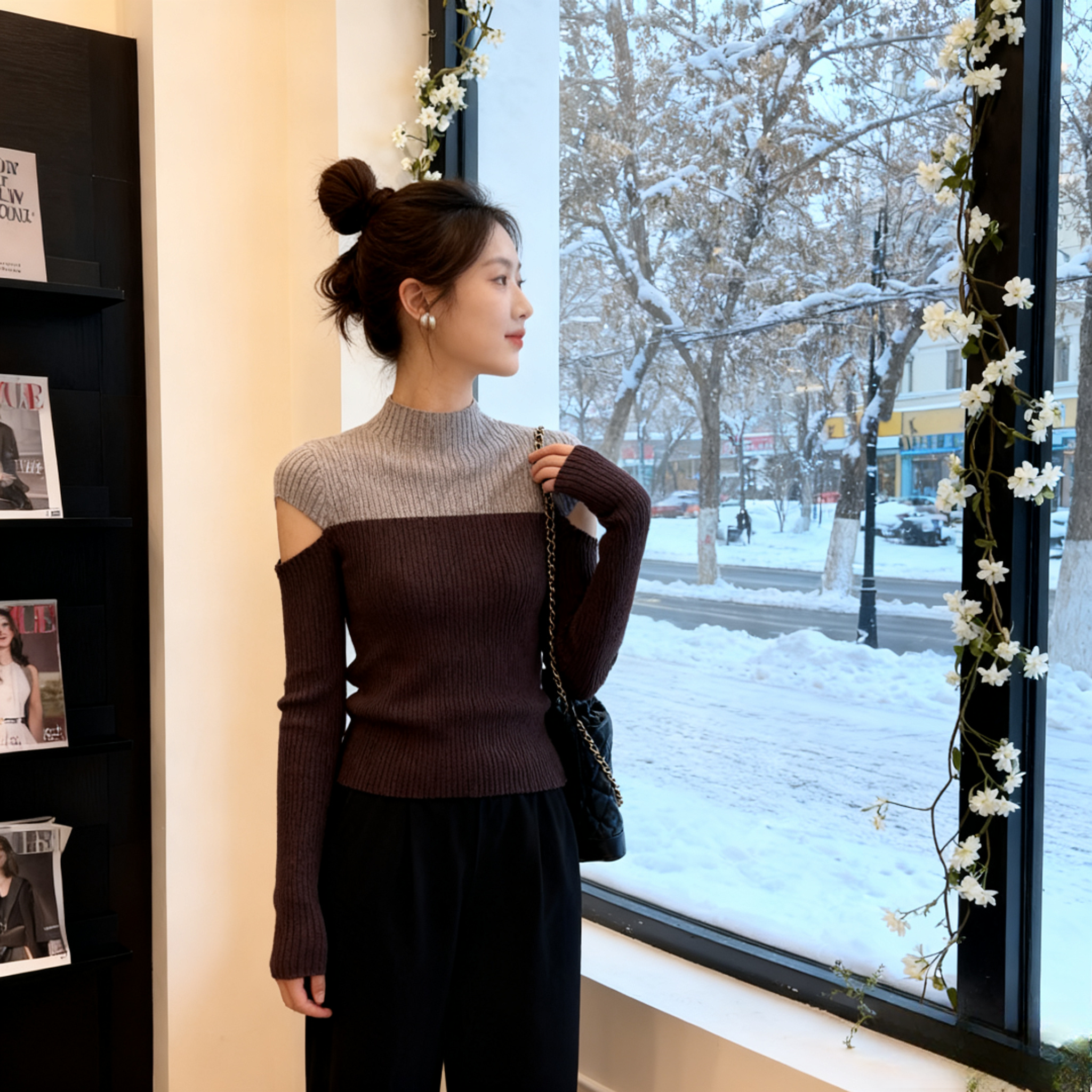 秋冬季2025新款设计感小众毛衣打底衫内搭拼色半高领露肩针织衫女