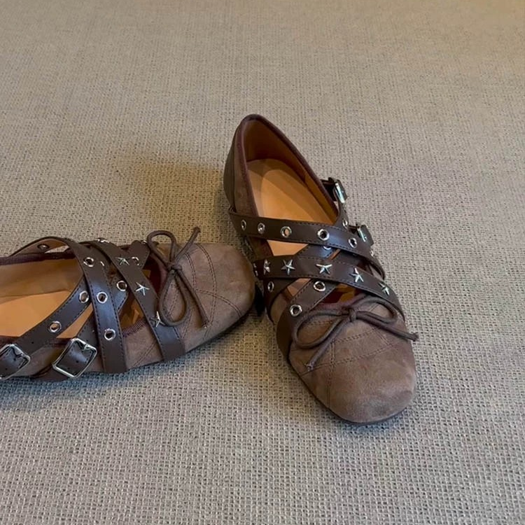 羊皮版~交叉带磨砂皮蝴蝶结玛丽珍鞋女复古平底运动芭蕾风单鞋子