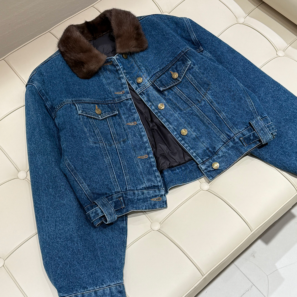 InMax野生丹宁水貂毛领90白鹅绒内里欧洲牛仔皮草外套女短修身