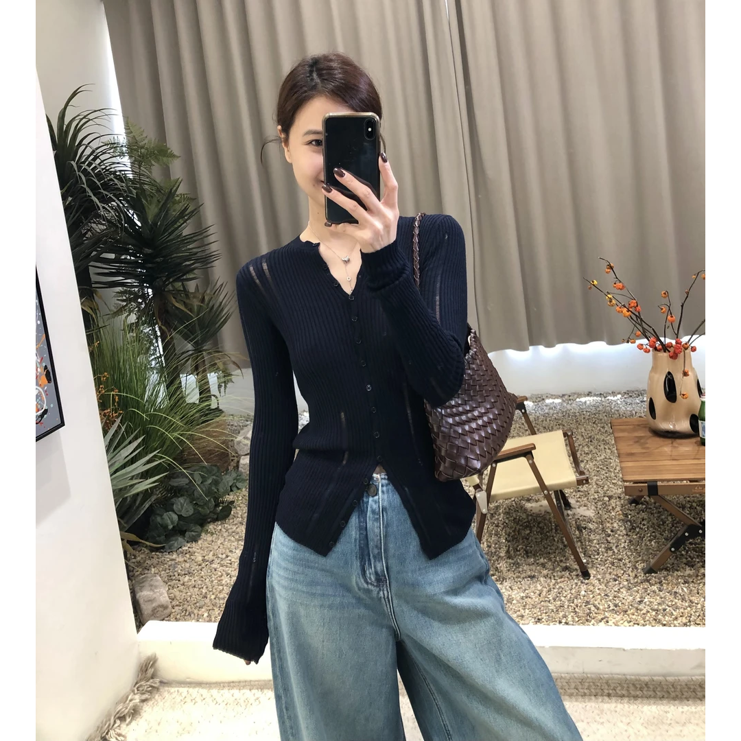 简约高级～设计感单排扣长袖针织衫2026春秋新款修身显瘦上衣H8-55