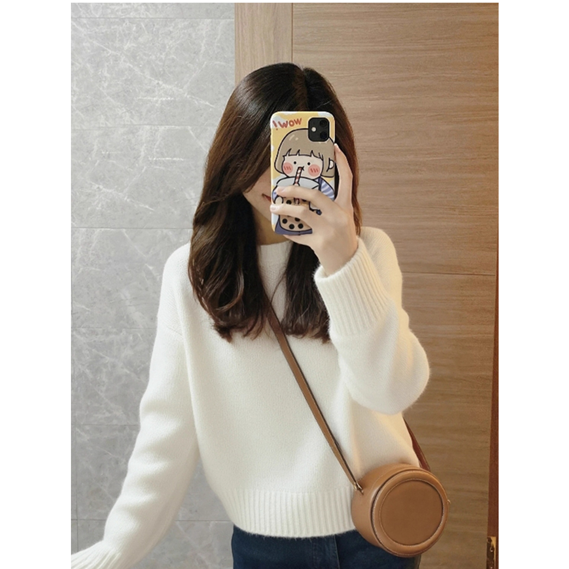 韩版2025冬季长袖软糯舒适毛衣时尚百搭纯色圆领套头针织衫女上衣