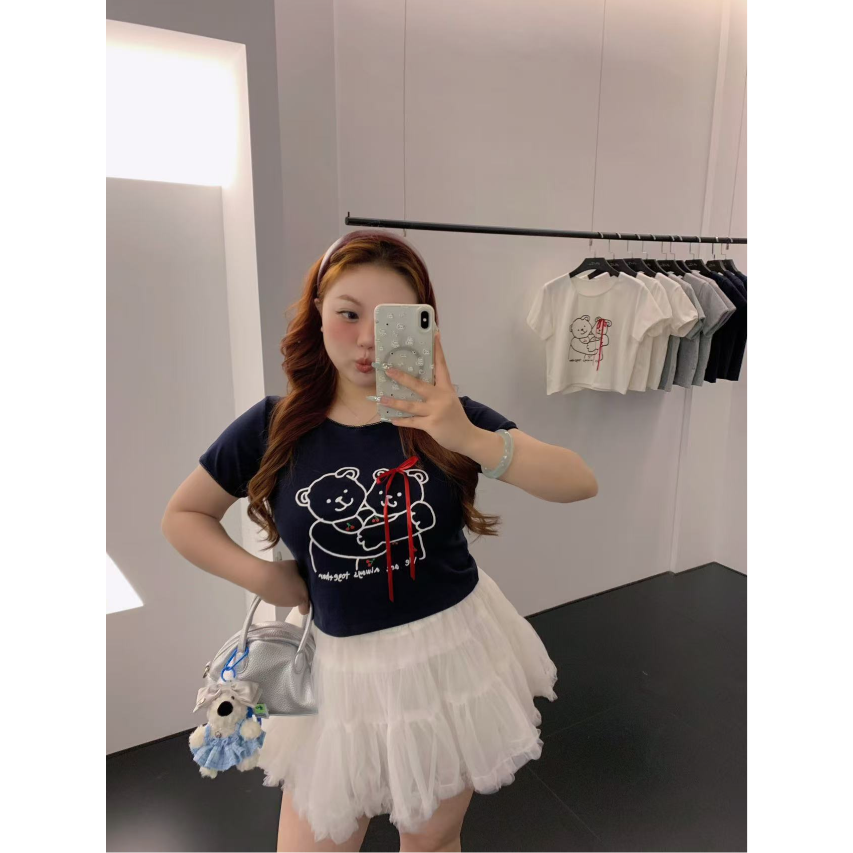 慧芝huizhi 10518韩国小熊T 定制款 三色蝴蝶结小熊印花T恤半袖