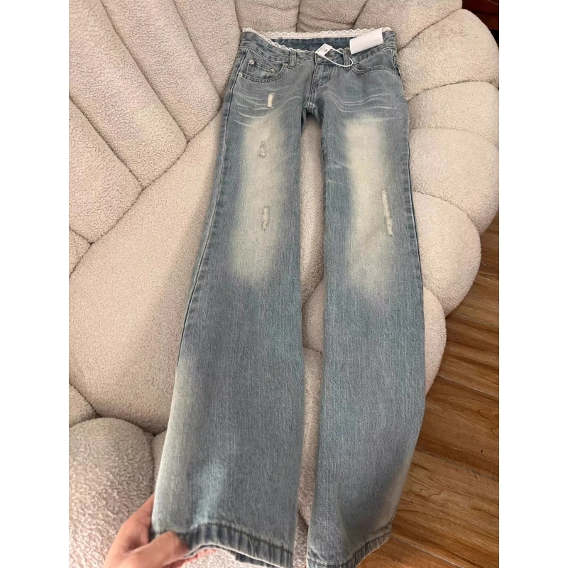 浅蓝色蕾丝拼接微喇牛仔裤女2025年秋季新款美式显瘦马蹄喇叭裤子