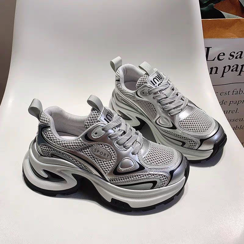 白鹿明星同款鞋银色老爹鞋女2025年新款厚底增高透气休闲运动鞋女