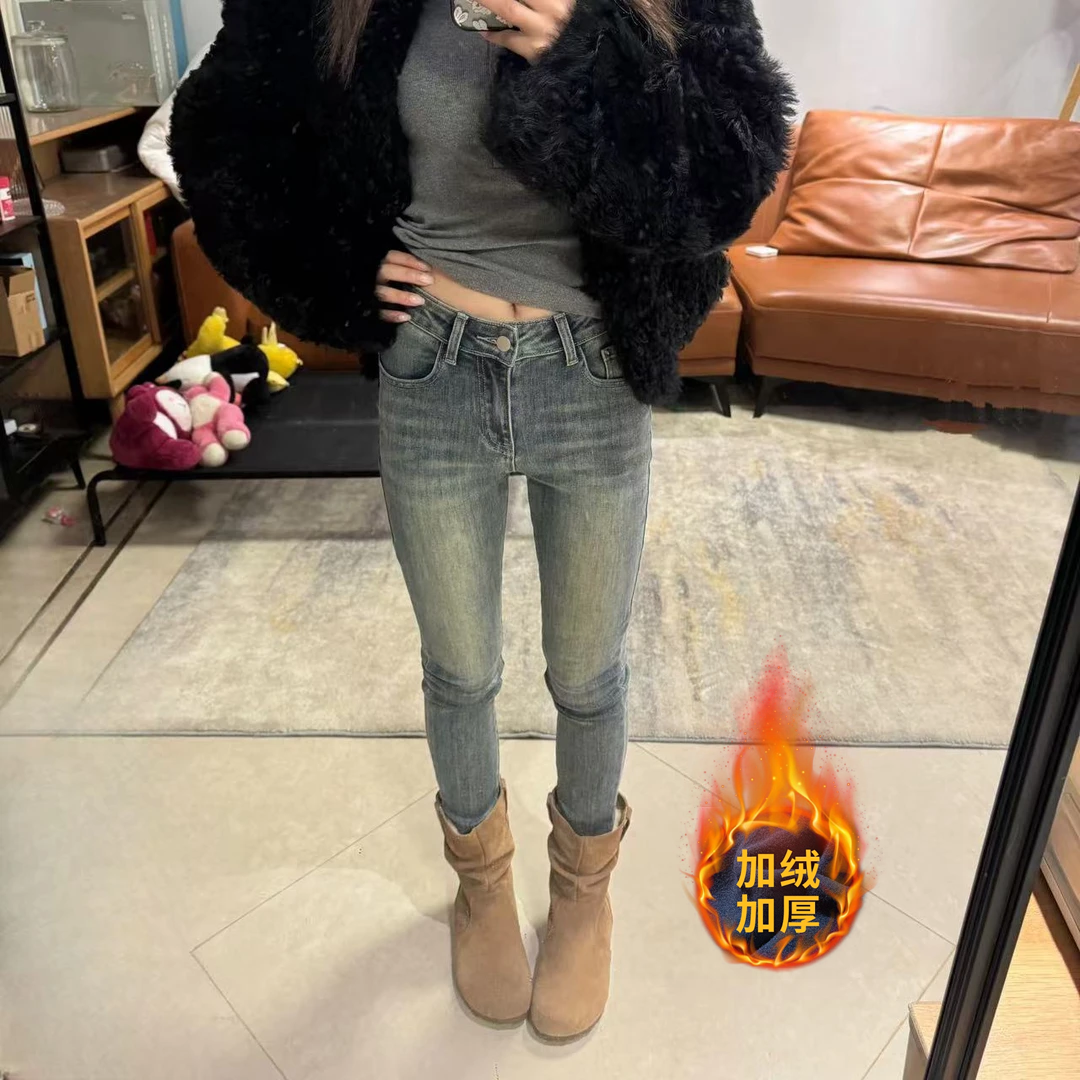 加绒复古蓝水洗高腰九分牛仔裤女秋冬新款紧身弹力毛边显瘦小脚裤