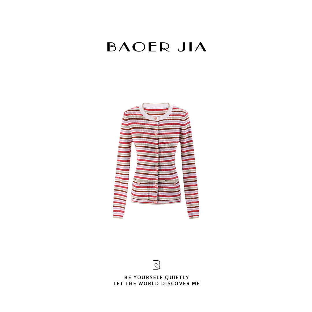 31-宝儿家含幂BV121725412冬季新款经典撞色条纹排扣针织长袖上衣