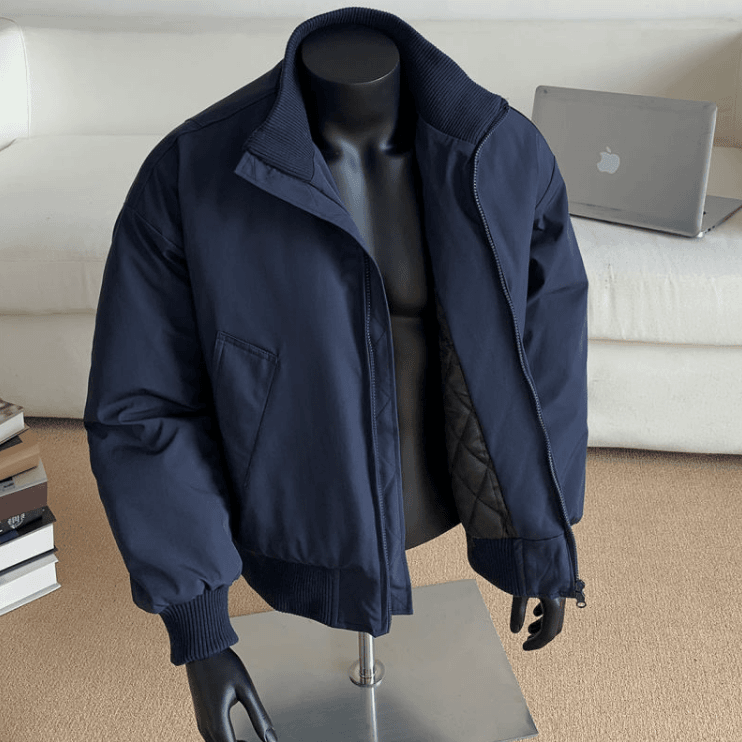 cleanfit藏蓝色飞行夹克棉服男春季薄款美式短款外套立领棉衣男生