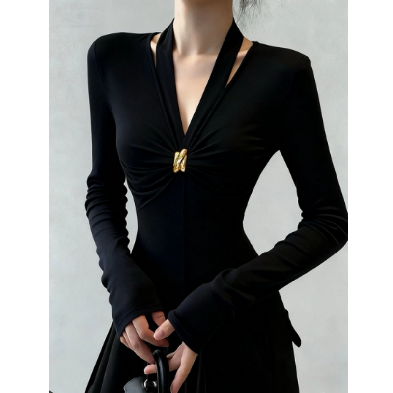 秋冬复古辣妹黑色褶皱v领修身打底衫女内搭高级感显瘦长袖t恤上衣