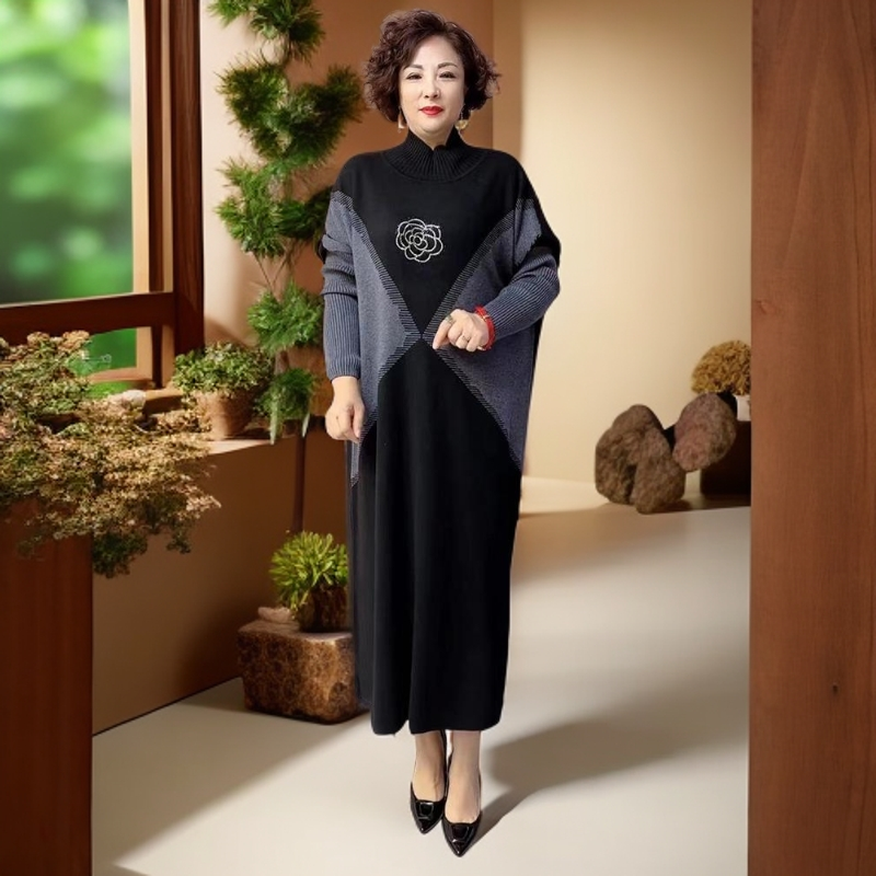 80125高端针织毛衣连衣裙秋冬长款垂坠感显瘦气质大码宽松弹力裙