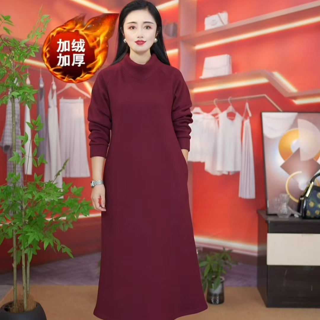秋冬加绒连衣裙宽松加厚立领秋冬半高领宽松腰高端女士长袖连衣裙
