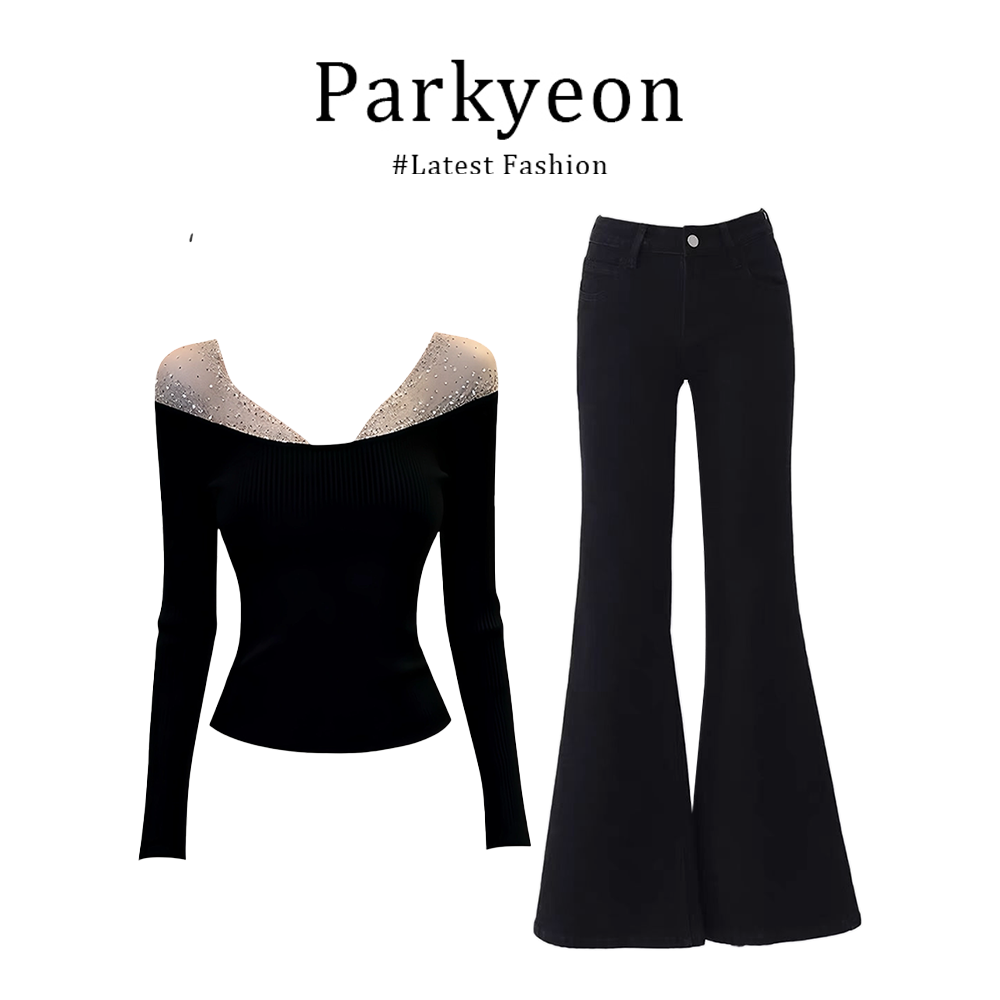 时髦重工烫钻一字肩针织衫假两件牛仔裤两件套秋冬季女