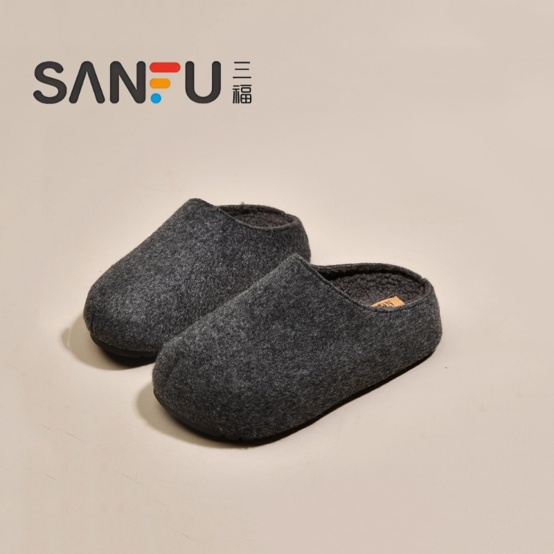 三福灰色勃肯鞋女厚底加绒半拖鞋2025冬季外穿毛呢鞋毛毛拖鞋